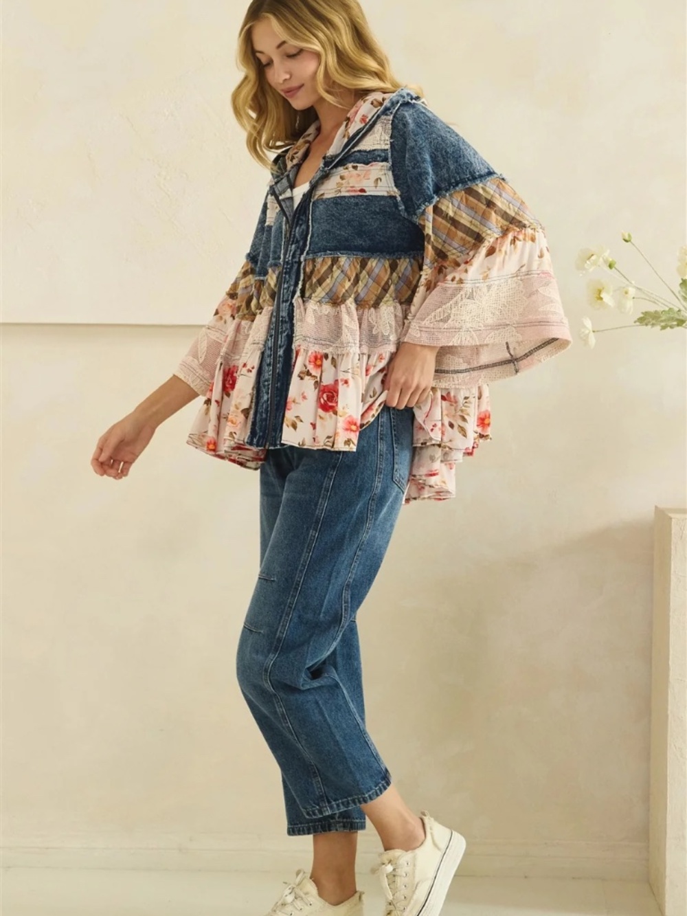 Oli & Hali Floral Plaid Print Mineral Wash Denim Loose Fit Hoodie jacket Shacket - Picture 7 of 7
